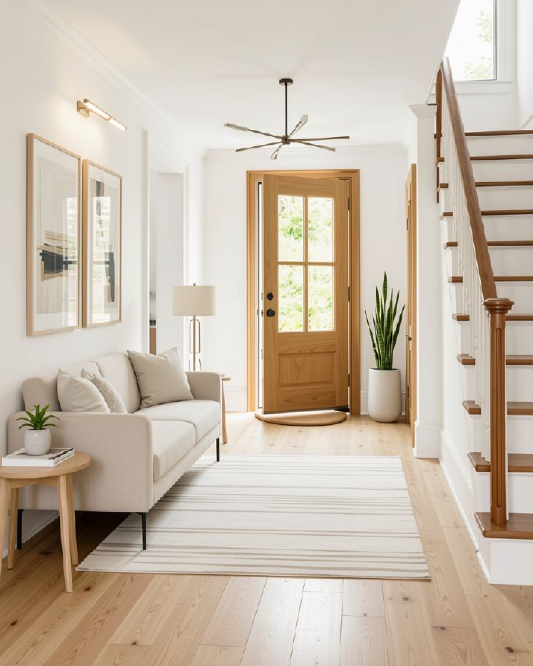 Entry way after renovation with white oak floors and new staircase