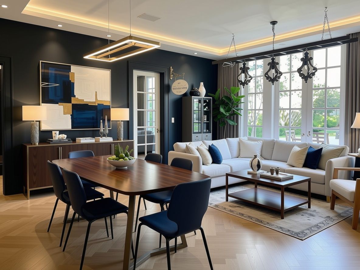 Living room after renovation with feature wall, cove lighting and herringbone floor