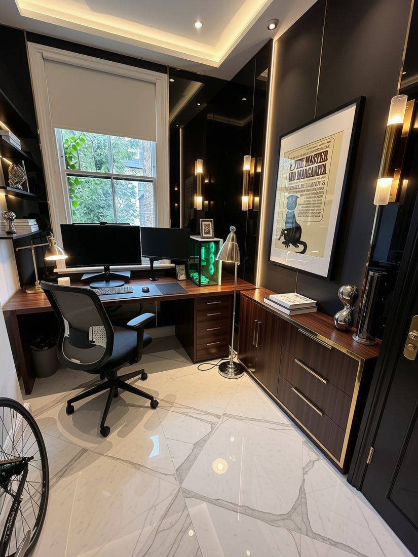 Home office after renovation with built-in walnut desk and marble floor